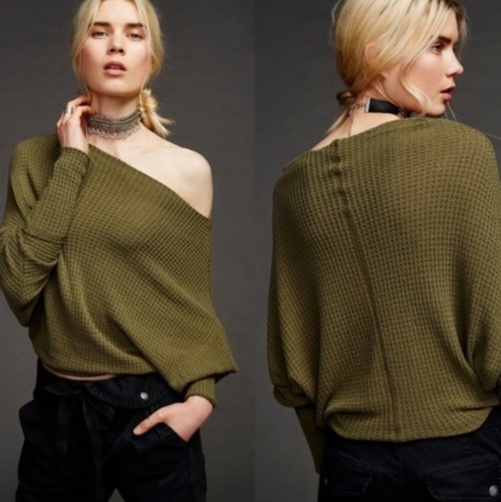 Small Free People Drippy Mercury thermal waffle knit in olive green